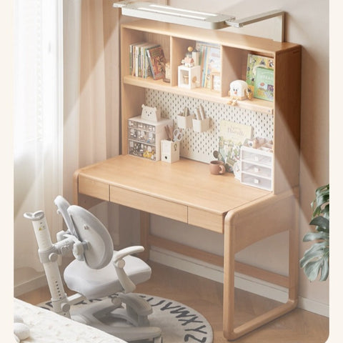 Beech Solid Wood Children Study Desk with Eye Protection Lamp Adjustable Height Natural Finish Bookcase Storage