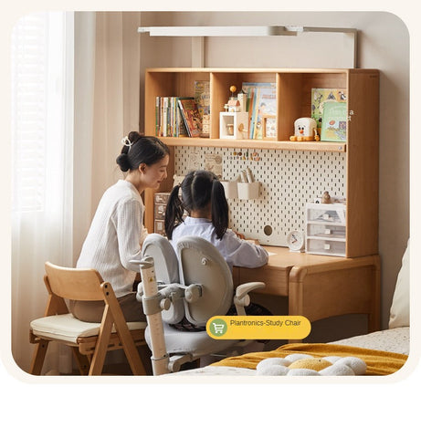 Beech Solid Wood Children Study Desk with Eye Protection Lamp Adjustable Height Natural Finish Bookcase Storage