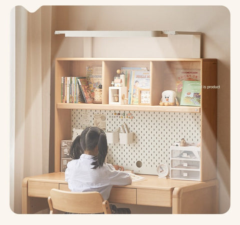 Beech Solid Wood Children Study Desk with Eye Protection Lamp Adjustable Height Natural Finish Bookcase Storage