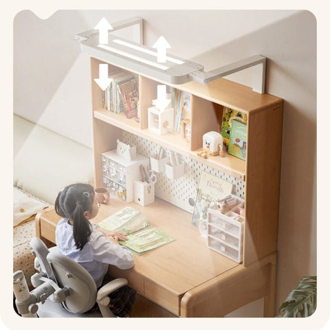 Beech Solid Wood Children Study Desk with Eye Protection Lamp Adjustable Height Natural Finish Bookcase Storage