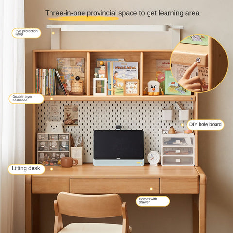 Beech Solid Wood Children Study Desk with Eye Protection Lamp Adjustable Height Natural Finish Bookcase Storage