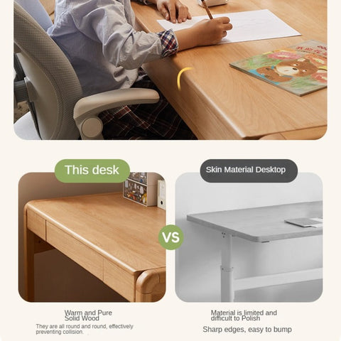 Beech Solid Wood Children Study Desk with Eye Protection Lamp Adjustable Height Natural Finish Bookcase Storage