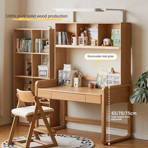 Beech Solid Wood Children Study Desk with Eye Protection Lamp Adjustable Height Natural Finish Bookcase Storage
