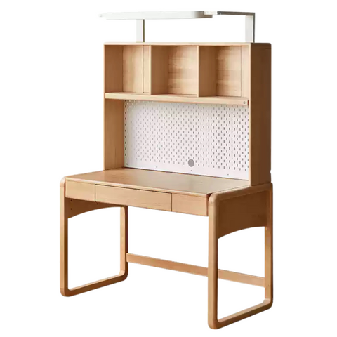 Beech Solid Wood Children Study Desk with Eye Protection Lamp Adjustable Height Natural Finish Bookcase Storage