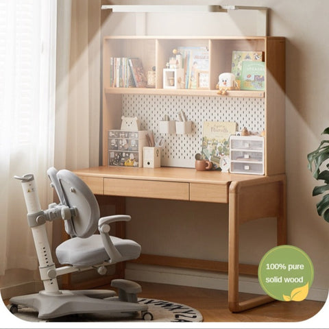 Beech Solid Wood Children Study Desk with Eye Protection Lamp Adjustable Height Natural Finish Bookcase Storage