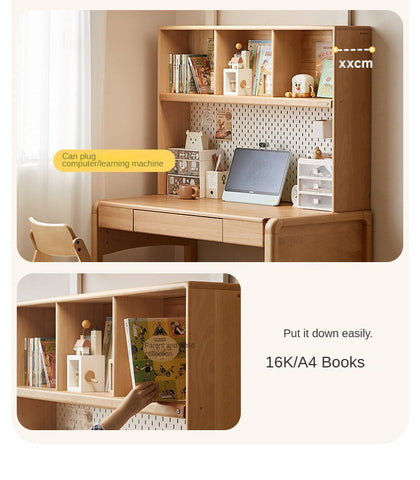 Beech Solid Wood Children Study Desk with Eye Protection Lamp Adjustable Height Natural Finish Bookcase Storage