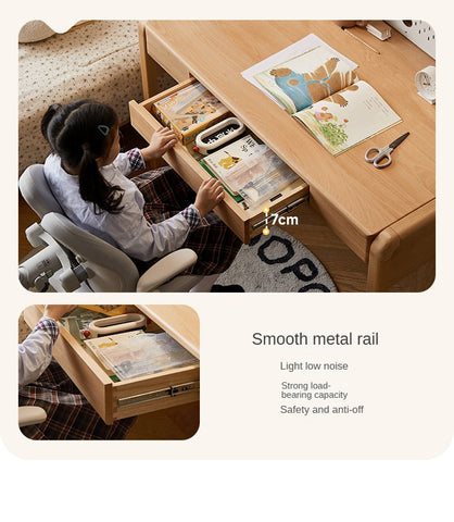 Beech Solid Wood Children Study Desk with Eye Protection Lamp Adjustable Height Natural Finish Bookcase Storage