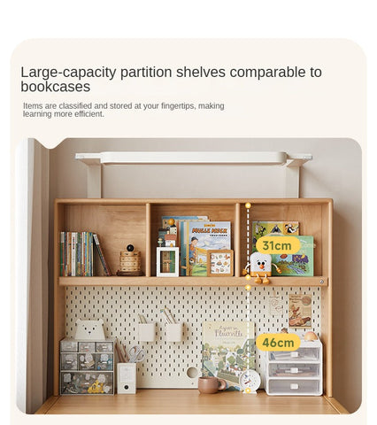 Beech Solid Wood Children Study Desk with Eye Protection Lamp Adjustable Height Natural Finish Bookcase Storage