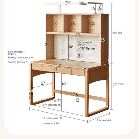 Beech Solid Wood Children Study Desk with Eye Protection Lamp Adjustable Height Natural Finish Bookcase Storage