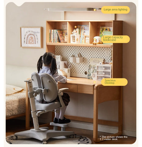 Beech Solid Wood Children Study Desk with Eye Protection Lamp Adjustable Height Natural Finish Bookcase Storage