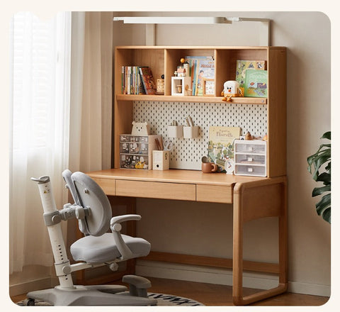Beech Solid Wood Children Study Desk with Eye Protection Lamp Adjustable Height Natural Finish Bookcase Storage