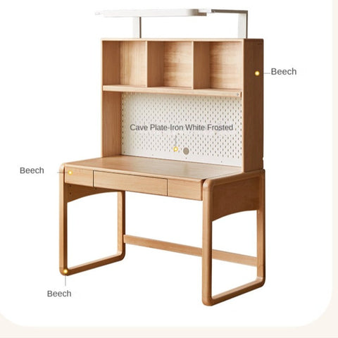 Beech Solid Wood Children Study Desk with Eye Protection Lamp Adjustable Height Natural Finish Bookcase Storage