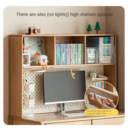 Beech Solid Wood Children Study Desk with Eye Protection Lamp Adjustable Height Natural Finish Bookcase Storage