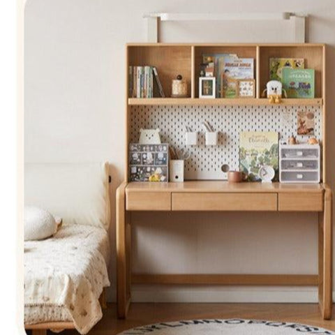 Beech Solid Wood Children Study Desk with Eye Protection Lamp Adjustable Height Natural Finish Bookcase Storage