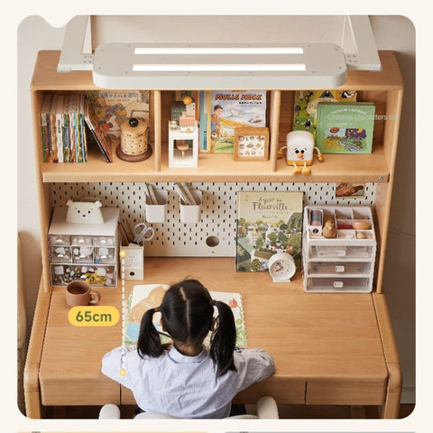 Beech Solid Wood Children Study Desk with Eye Protection Lamp Adjustable Height Natural Finish Bookcase Storage