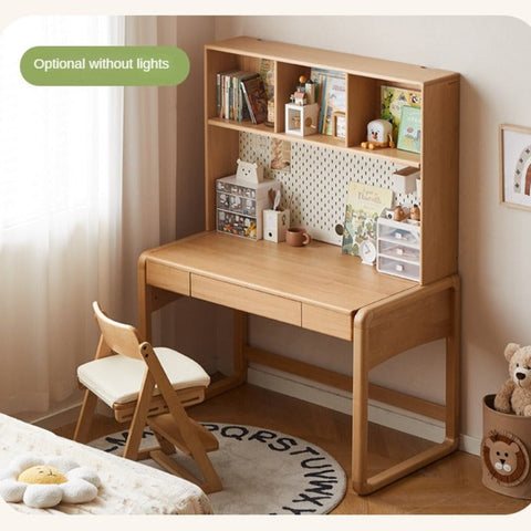 Beech Solid Wood Children Study Desk with Eye Protection Lamp Adjustable Height Natural Finish Bookcase Storage