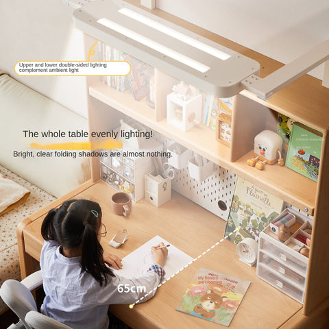 Beech Solid Wood Children Study Desk with Eye Protection Lamp Adjustable Height Natural Finish Bookcase Storage