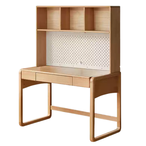 Beech Solid Wood Children Study Desk with Eye Protection Lamp Adjustable Height Natural Finish Bookcase Storage