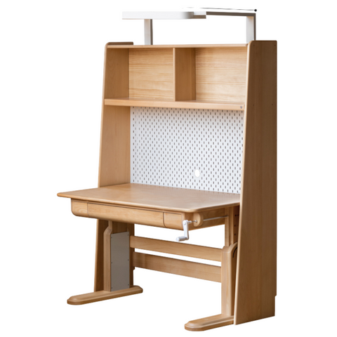 Beech Solid Wood Adjustable Study Table & Bookshelf with Drawer Natural Finish for Kids