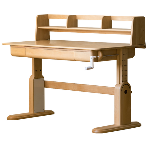 Beech Solid Wood Adjustable Study Table & Bookshelf with Drawer Natural Finish for Kids
