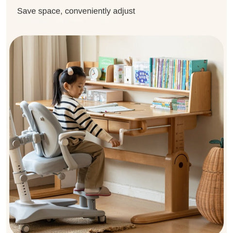 Beech Solid Wood Adjustable Study Table & Bookshelf with Drawer Natural Finish for Kids