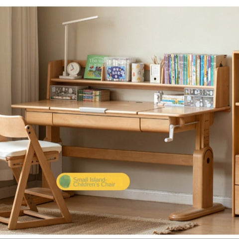 Beech Solid Wood Adjustable Study Table & Bookshelf with Drawer Natural Finish for Kids