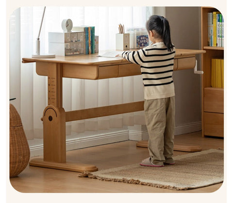 Beech Solid Wood Adjustable Study Table & Bookshelf with Drawer Natural Finish for Kids