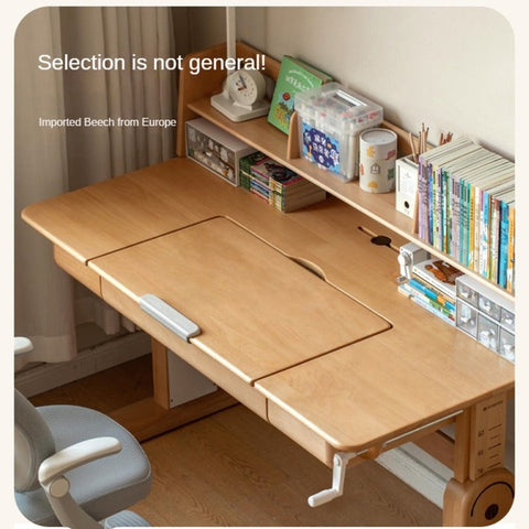 Beech Solid Wood Adjustable Study Table & Bookshelf with Drawer Natural Finish for Kids
