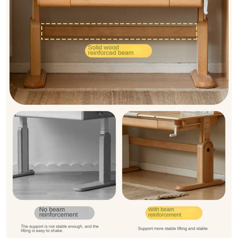 Beech Solid Wood Adjustable Study Table & Bookshelf with Drawer Natural Finish for Kids