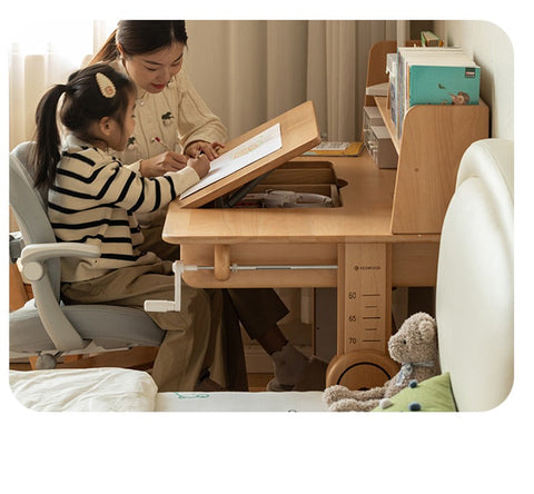 Beech Solid Wood Adjustable Study Table & Bookshelf with Drawer Natural Finish for Kids
