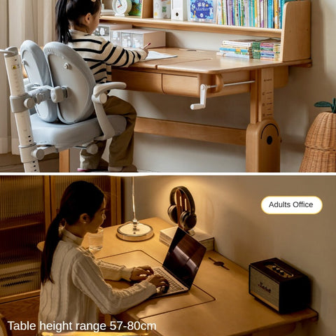 Beech Solid Wood Adjustable Study Table & Bookshelf with Drawer Natural Finish for Kids