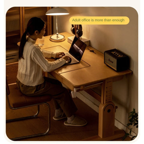 Beech Solid Wood Adjustable Study Table & Bookshelf with Drawer Natural Finish for Kids