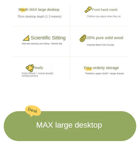 Beech Solid Wood Adjustable Study Table & Bookshelf with Drawer Natural Finish for Kids