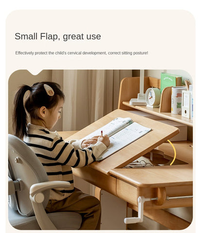 Beech Solid Wood Adjustable Study Table & Bookshelf with Drawer Natural Finish for Kids