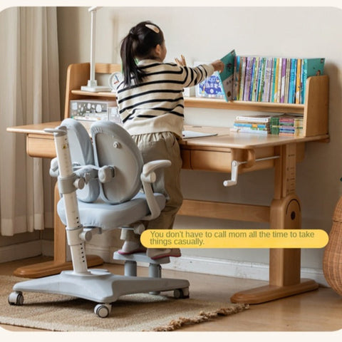 Beech Solid Wood Adjustable Study Table & Bookshelf with Drawer Natural Finish for Kids