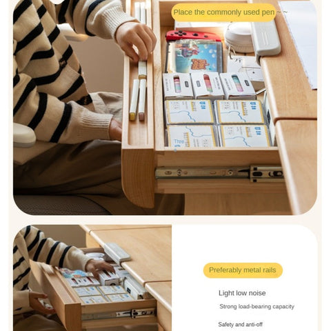 Beech Solid Wood Adjustable Study Table & Bookshelf with Drawer Natural Finish for Kids