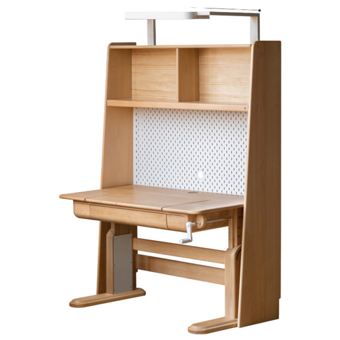 Beech Solid Wood Adjustable Study Table & Bookshelf with Drawer Natural Finish for Kids