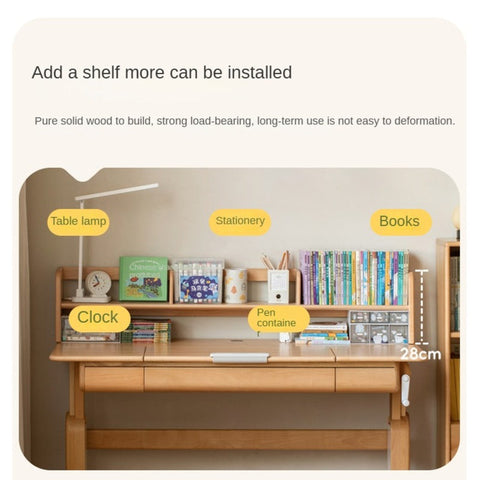 Beech Solid Wood Adjustable Study Table & Bookshelf with Drawer Natural Finish for Kids