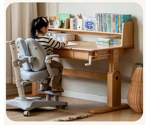 Beech Solid Wood Adjustable Study Table & Bookshelf with Drawer Natural Finish for Kids