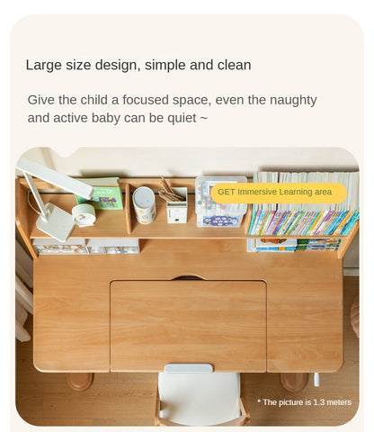 Beech Solid Wood Adjustable Study Table & Bookshelf with Drawer Natural Finish for Kids