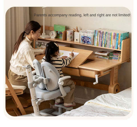 Beech Solid Wood Adjustable Study Table & Bookshelf with Drawer Natural Finish for Kids
