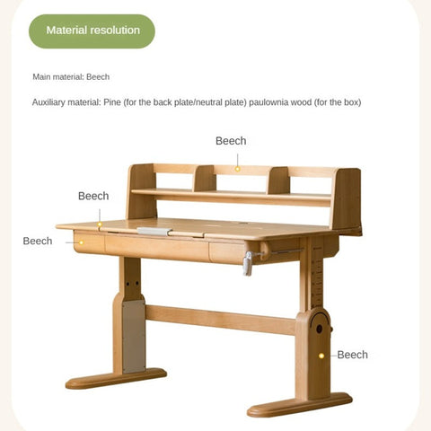 Beech Solid Wood Adjustable Study Table & Bookshelf with Drawer Natural Finish for Kids