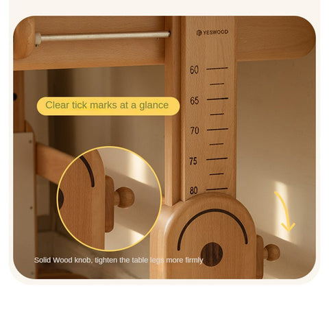 Beech Solid Wood Adjustable Study Table & Bookshelf with Drawer Natural Finish for Kids