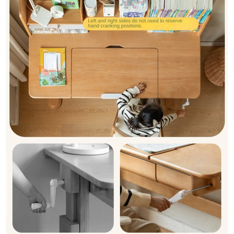 Beech Solid Wood Adjustable Study Table & Bookshelf with Drawer Natural Finish for Kids