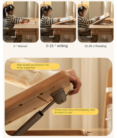 Beech Solid Wood Adjustable Study Table & Bookshelf with Drawer Natural Finish for Kids