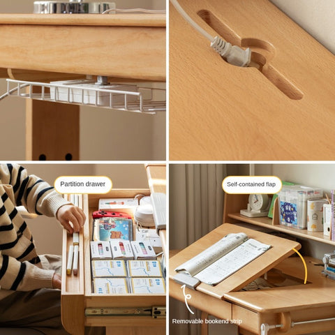Beech Solid Wood Adjustable Study Table & Bookshelf with Drawer Natural Finish for Kids