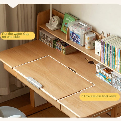 Beech Solid Wood Adjustable Study Table & Bookshelf with Drawer Natural Finish for Kids