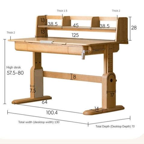 Beech Solid Wood Adjustable Study Table & Bookshelf with Drawer Natural Finish for Kids