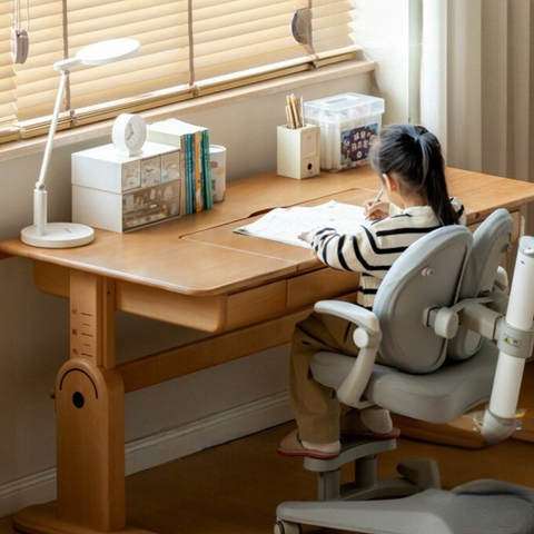 Beech Solid Wood Adjustable Study Table & Bookshelf with Drawer Natural Finish for Kids