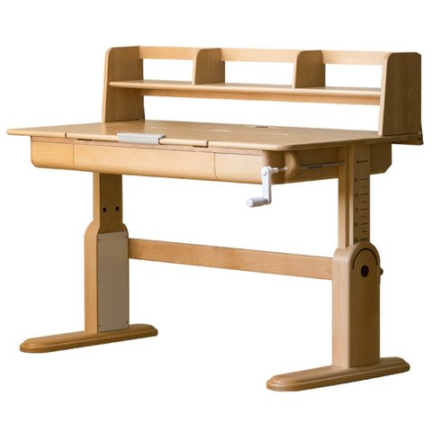 Beech Solid Wood Adjustable Study Table & Bookshelf with Drawer Natural Finish for Kids